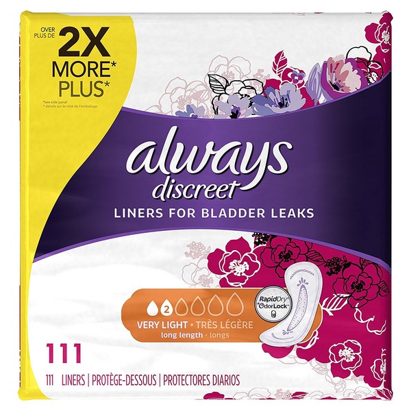 Always Discreet, Incontinence & Postpartum Liners for Women, Size 2, Very Light Absorbency, Long Length, 111 Count X 2 Packs (222 Total Count)