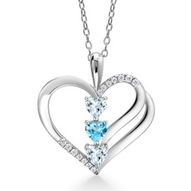 925 Sterling Silver Sky Blue Aquamarine and Swiss Blue Topaz and White Moissanite 3-Stone Pendant Necklace For Women (0.93 Cttw, Gemstone March Birthstone, Heart Shape 4MM, with 18 Inch Silver Chain)