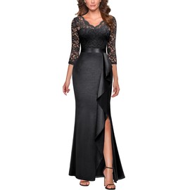 MISSMAY Women's Elegant Floral Lace V-Neck Formal Wedding Maxi Dress (Medium, Black)