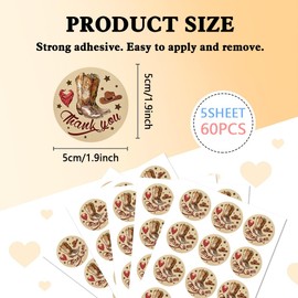 AHANDMAKER Cowboy Thank You Sticker Labels, Cowboy Theme Party Circle Stickers, 60 Pcs Cowboy Boot Stickers 2" Self-Adhesive Circle Stickers for Birthday Party Favors, Envelope Seals & Goodie Bags