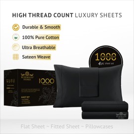 Bluemoon Homes Hotel Bedding Queen Size 1000 Thread Count Hotel Luxury 100% Egyptian Cotton Deep Pocket Solid Pattern 1 Flat, 1 Fitted Sheet & 2 Standard Size Pillow Cases 4-Piece Sheet Set (Black)
