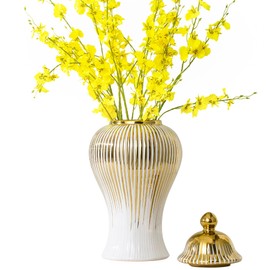 Ginger Jar, White Gold Ceramic Large Vase for Decor Decor, Modern Handmade Decorative Flower Vase, Porcelain Ginger jar with lid for Kitchen, Bookshelf-Decors(18in)