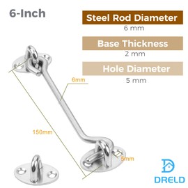 DRELD Pack of 2 Stainless Steel Cabin Hooks with Eyelet, 15 cm Door Hooks with 8 Screws Gate Hook Lock Latch Door Storm Hook for Roller Shutters, Sheds, Sliding Doors, Garage Door, Window (6