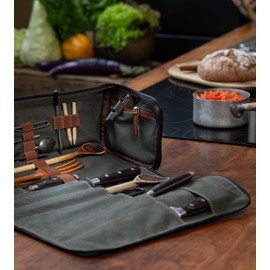 Angus Stoke premium leather knife bag-case, black XXL chef's roll bag with huge storage space - waxed vintage buffalo leather, Arnie (black)