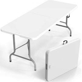 VINGLI 4/6/8 Foot Plastic Folding Table Portable Long Table for Indoor Outdoor Use Rectangular with Carrying Handle, Smooth HDPE Tabletop, White/Brown/Black - Colour: White, Size: 6 ft
