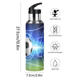 Sport Ball Football Galaxy Soccer Sport Water Bottle with Straw, Vacuum Insulated Stainless Steel Thermal Flask Leakproof BPA Free Drinking Bottle for Gym Fitness Camping-20oz/600ml