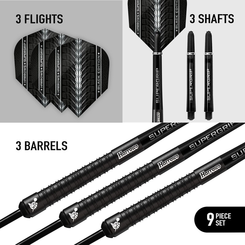 Harrows SUPERGRIP BLACK EDITION 90% Tungsten Steel Tip Darts Set.
