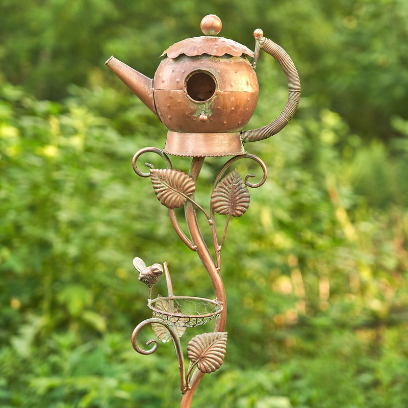 Zaer Ltd. Copper Colored Teapot Birdhouse Garden Stakes (Style 6)