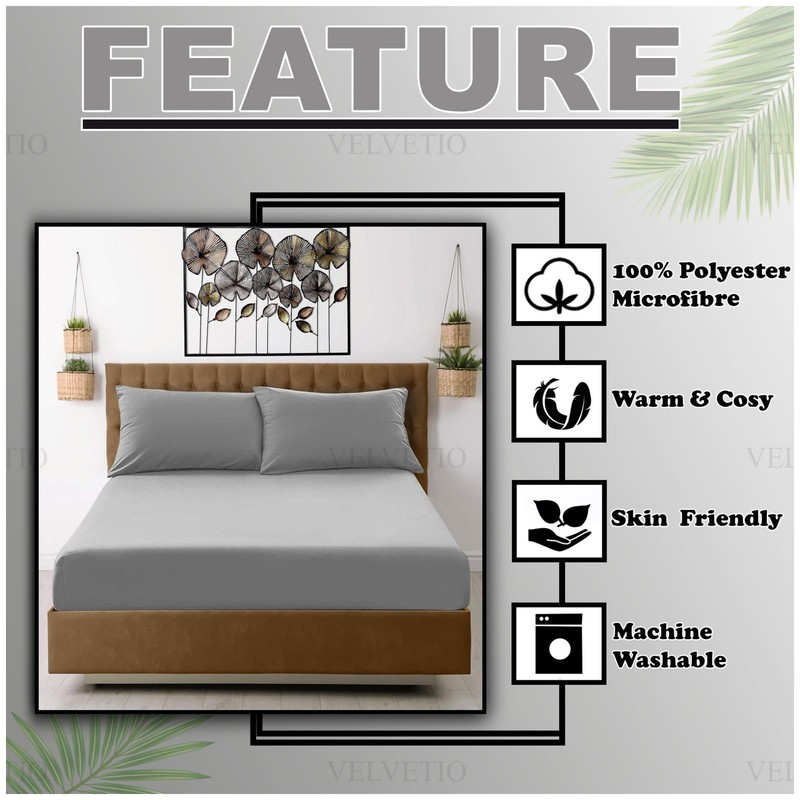 VELVETIO Easy Care Plain Grey Fitted Sheet, Soft Breathable 100%