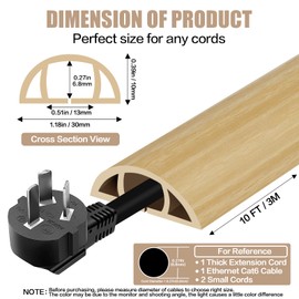 Floor Cord Cover Self Adhesive Cord Hider,10FT Cable Management, Extension Strip Protector for Wires, Prevent Cable Trips for Offices, Gyms, Exhibitions Cavity:0.39"(W) x0.27(H) WoodLightyellow