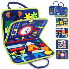 QINGBAO Montessori Busy Board Toys, Sensory Board for Toddlers 1-3, Travel Felt Busy Book for Airplane Car, Activity Busy Mat for Learning Fine Motor Skills Suits Boys Girls Birthday Gifts (Blue)