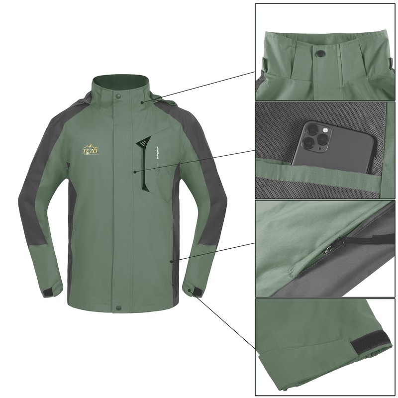 TEZO TEZO Mens Rain Jacket Waterproof with Hooded Hiking Coat