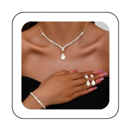 Reaky Bridal Jewelry Sets Silver Rhinestone Necklaces 3 Pcs Crystal Necklace Jewelry Set Bride Wedding Accessories for Women (Gold)