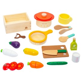 Woody Puddy Wooden Play Food for Kids Kitchen, Playing House Goods, Salad, Stewpot & Frying pan Set for Boys and Girls Ages 3+ Years