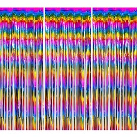 O-Kinee Tinsel Curtains, Colourful, Party Curtain, Pack of 3, Foil Fringe Glitter Curtain, 1 m x 2 m Tinsel Curtain, Photo Wall Background Decoration for Party, Birthday, Wedding, Happy Birthday,