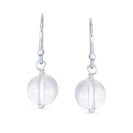 Simple Plain Translucent Chalcedony Crystal Gemstone Round Dangle French Fish Hook Wire Ball Drop Earrings For Women .925 Sterling Silver