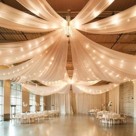 6 Panels Champagne Ceiling Drapes With Lights for Wedding 5ftx10ft Photo Backgrounds Sheer Curtains Drapery Decorations for Party Ceremony Stage Swag