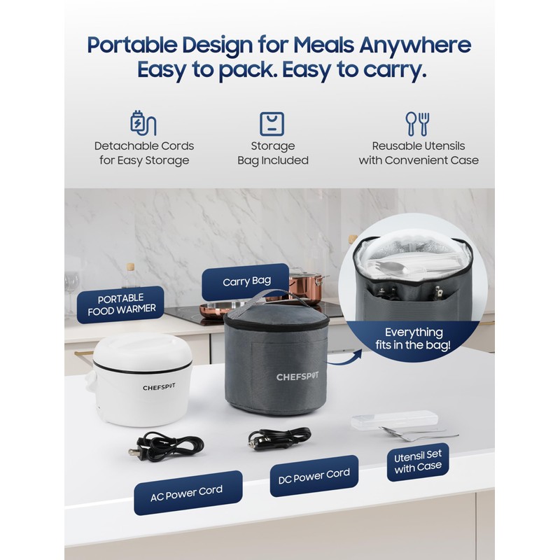 CHEFSPOT Electric Lunch Box, 37oz Portable Food Warmer with 12V/24V