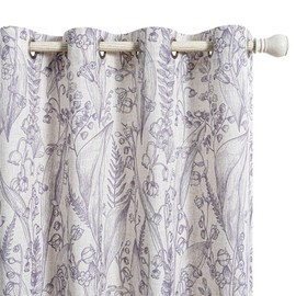 MEETSKY Purple Floral Curtains Linen Textured Light Filtering Linen Curtain 84 Inches Long Botanic Leaves Flowers Pattern Printed Window Drapes for Living Dining Room, Width 52 inch, 2 Panels