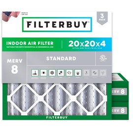 Filterbuy 20x20x4 Air Filter MERV 8 Essential Dust & Allergy Defense (3-Pack), Electrostatic Pleated HVAC AC Furnace Filters Replacement, Made in USA (Actual Size: 19.50 x 19.50 x 3.63)