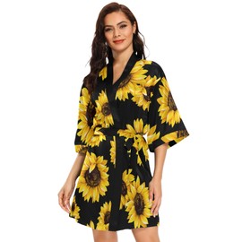 Women's Kimono Robes Sunflower Short Satin Bathrobe Soft Skin-friendly Sleepwear V-Neck Loungewear,X-Large