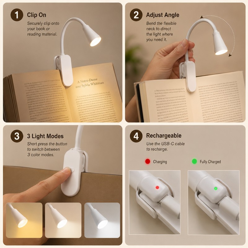Rechargeable Book Light for Reading – 3-Color Dimmable LED Clip