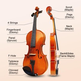 Vetimobato Violin 3/4 Full Size Set, Fiddle Solid Wood for Professional Beginners Students Acoustic Violin Kit with Brazilwood Bow, Shoulder Rest, Extra strings, Bridge, Rosins, Case(Brown, 3/4)