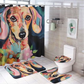 KUYT 4 Pcs Bathroom Shower Curtain Set,Bathroom Sets with Rugs (Bath Mat,U Shape and Toilet Lid Cover Mat), Dachshund Dog Bathroom Decor Set