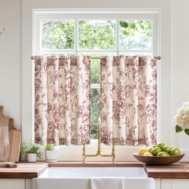 jinchan Linen Kitchen Curtains Floral Tier Curtains 24 Inch Farmhouse Botanic Cafe Curtains Light Filtering Small Window Curtains Back Tab Half Window Curtains for Living Room Bathroom 2 Panels Red