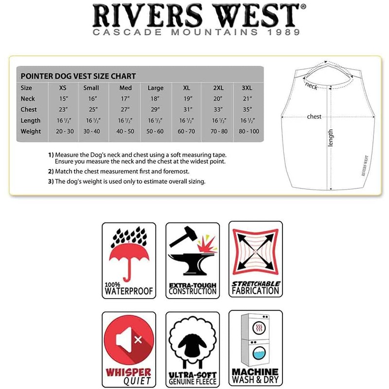 Rivers West Waterproof Windproof Fleece Anti-Chafing Retriever Dog Hunting Vest,