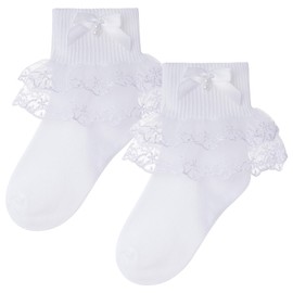 Haakong 2 Pairs Girls Dress Socks White Toddler Girls Ruffle Socks with Faux Pearl for Dress Daily Wear(US, Age, 4 Years, 6 Years, 2, White)