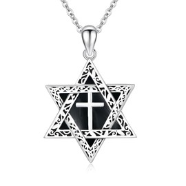 ABIGY Onyx Star of David Necklace 925 Sterling Silver Star of David Necklace Cross Onyx Pendant Hexagram Necklace Jewish Amulet Jewellery Suitable for Men Women Gifts, Sterling Silver, Onyx