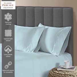 Pizuna Percale Cotton Pillow Cases King Size Set of 2 Baby Blue, 100% Long Staple Cotton Crisp Percale Weave with Stylish 4 inch Hem (Combed Baby Blue Cotton Pillow Cases King)