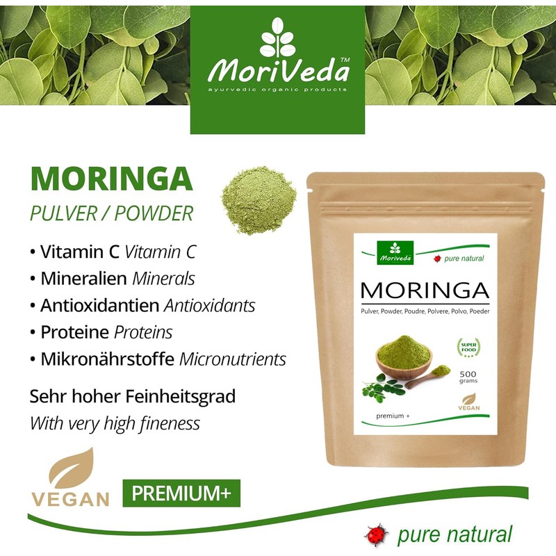 MoriVeda Moringa Powder 500 g, Vegan and Gluten-Free, Micro-Fine Oleifera