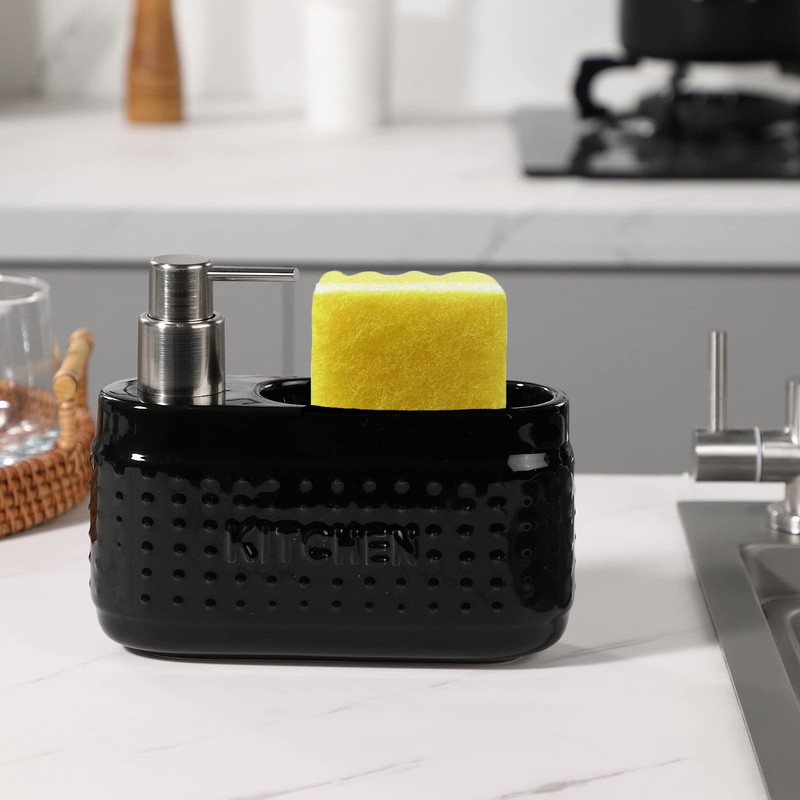 Black Dish Soap Dispenser with Sponge Holder, Large Capacity Ceramic