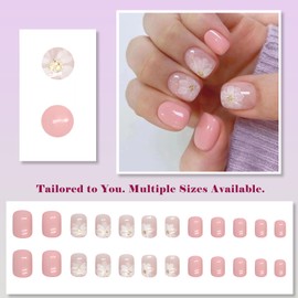 Iced Camellia Press-On Nails Short Round 24 PCS – Pink French Tips with Gold & White Floral Design, Full-Cover Acrylic Fake Nails with Glue, Easy Stick-On Manicure for Brides & Women