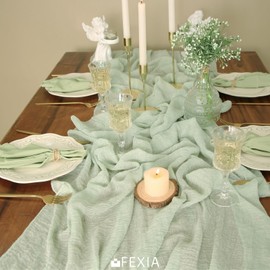 FEXIA 3 Pack Sage Green Table Runner 30x118 Inches for Baby Shower Decorations Cheesecloth Table Runner for Spring Decor Rustic Gauze for Wedding Bridal Shower First Communion Home Decor
