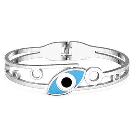 Stainless Steel 18K Gold Silver Plated Crystal Greek Evil Eyes Bracelets Hollow Out Cuff Bangle Preppy Jewelry For Women Charms Mexican Gifts (Silver Plated)