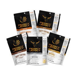 Perky Jerky Variety Pack 1oz Trial Bags, 5 Unique Beef and Turkey Flavors (Pack of 5)