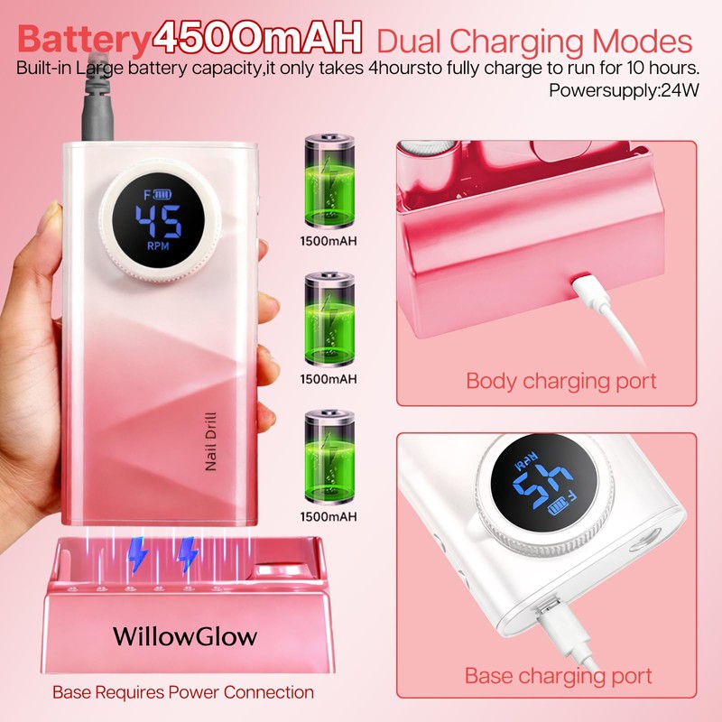 Willowglow Professional Nail Drill, 45000RPM Electric Efile Nail File with