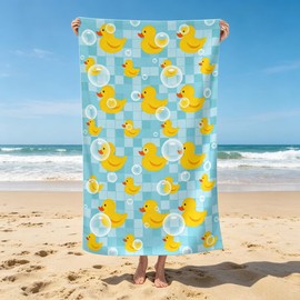 WIBUE Cute Yellow Rubber Duck Beach Towel with Bubbles, Light Blue Microfiber Bath Towel, Quick Dry Absorbent Towel for Kids, 51" x 32" (Rubber Duck 2)