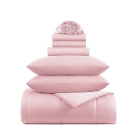 7-Piece Casual Bed in a Bag Cool Rose Pink Comforter Set King Size | Modern Plush Microfiber Material Solid Color Pattern Full Luxury Bedding Sets | Ultra Soft Cozy Lightweight Versatile Smooth Comfy