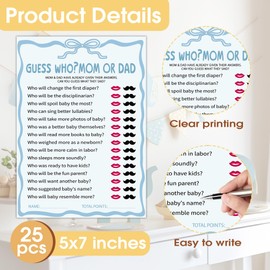 Baby Shower Game Cards, Blue Minimalist Theme, Guess Who Mom or Dad, 25 Game Cards, Blue Ribbon Bow Baby Shower Party Decorations Supplies (5X7 inches) A12