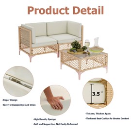 LYNSLIM 3 Pieces Outdoor Patio Furniture Set, Boho Outdoor Patio Sectional Furniture Set, Wicker Outdoor Couch Set, Chair with Cushions(Glass Table Included) for Balcony, Garden, Backyard