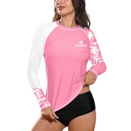 BesserBay Lady Summer SPF Swim Swimming Rashguard Long Sleeve Uv Protection Sunblock Top Pink Tropical Leaves XL