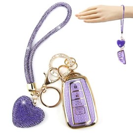 YIKECASE Key Fob Cover with Diamond Keychain Car Key Holder Compatible with 2018-2024 Toyota Highlander RAV4 Camry Avalon C-HR Corolla GT86 Key Protector for Women, 4 Buttons (Purple-Wrist Rope)