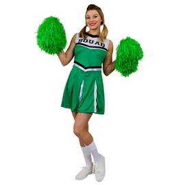 Ladies Cheerleader Costume with Pom Poms - Womens Highschool American Style Fancy Dress Party Outfit (Green – UK 10-12)