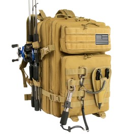 ROGJUK Large 45L Tactical Fishing Tackle Backpack with Removable Plier Holder & Rod Holders Storage Fishing Gear and Equipment Tackle Bag Hiking Backpack without Tackle Boxes Khaki