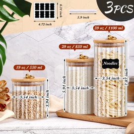 3 Pcs Glass Storage Jars Decorative Coffee Bar Container Kitchen Glass Canister with Airtight Bamboo Lid Metal Ring, Black Labels and Whiteboard Marker for Storage Sugar Candy (19 oz, 29 oz, 39 oz)