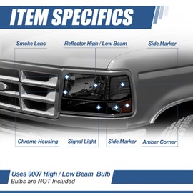 Auto Dynasty Headlights Assembly Compatible with 1992-1996 Ford Bronco F-150 F-250 F-350, 6Pcs Driver Passenger Side Halogen Headlamps Replacement w/Bumper & Corner Lamps, Smoked Lens Amber Corner
